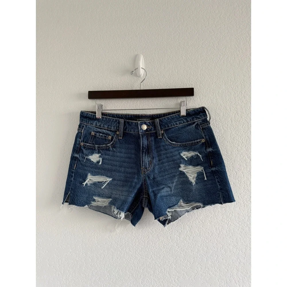Aeropostale Baggy Denim Shorts Size M Blue Distressed Ripped 4